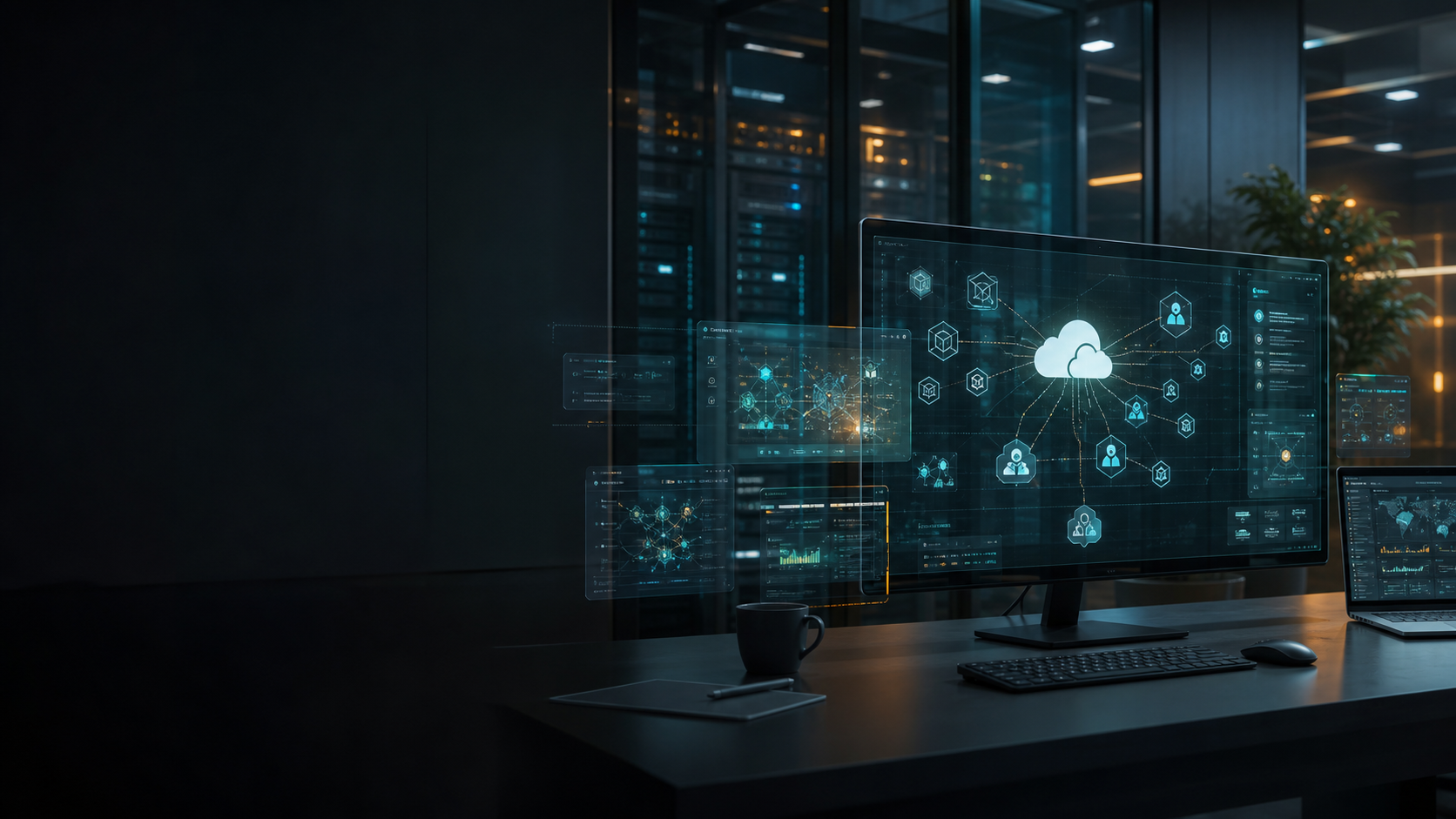 Cloud operations workspace with infrastructure dashboards and server systems
